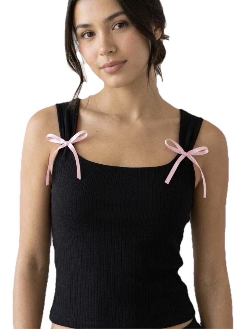 Vibe Sportswear Black Ribbed Tank Top Pink Bows Coquette Balletcore Dollette L